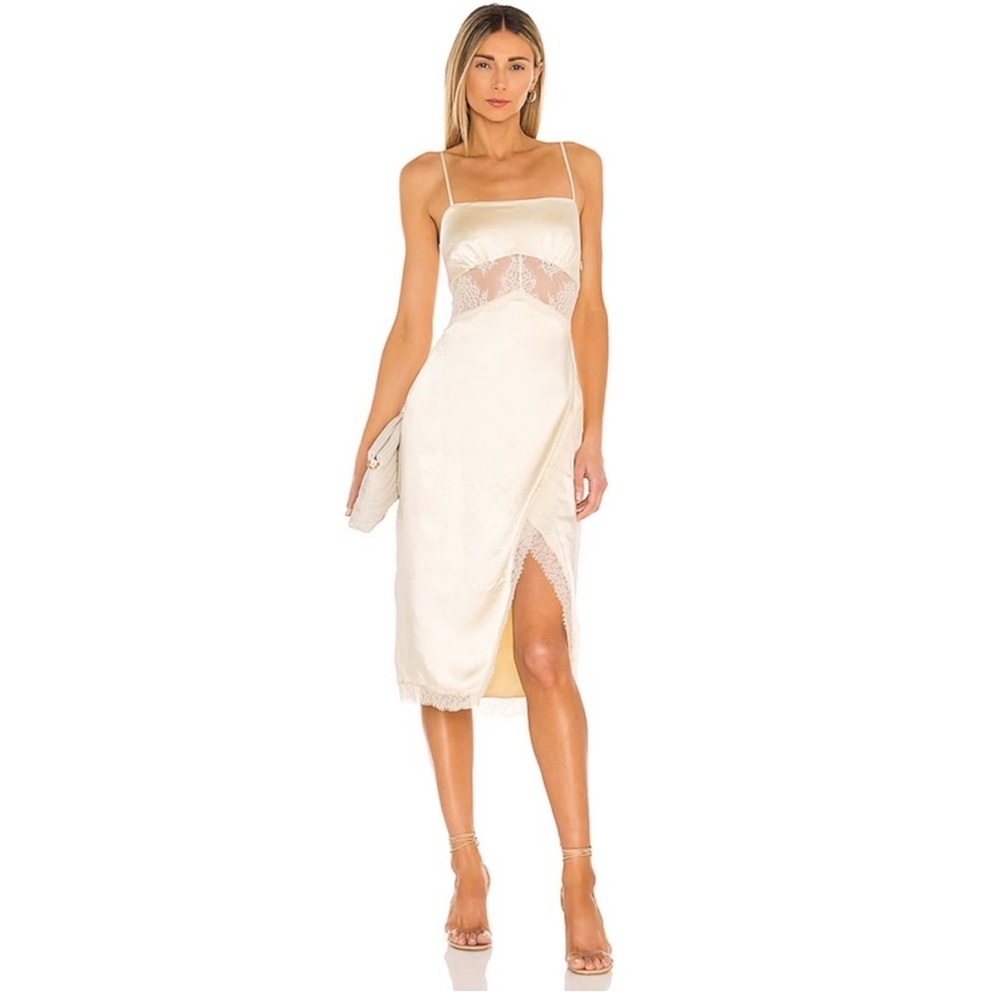 REVOLVE Song of Style Mala Satin Lace Midi Slip Dress • Pearl • Size S • NWOT